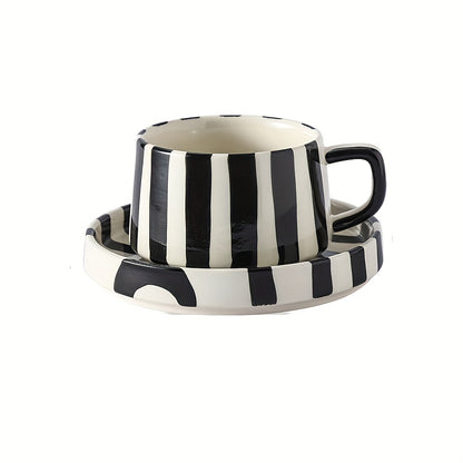 Striped Coffee Cup and Plate Set – Ceramic Mug with Dessert Plate product detail photo for kitchen