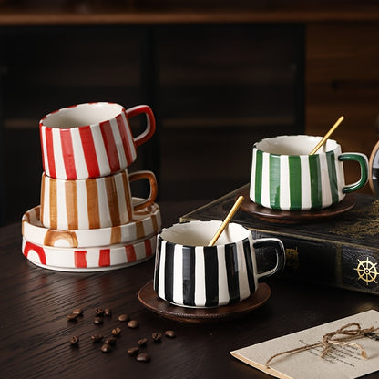Striped Coffee Cup and Plate Set – Ceramic Mug with Dessert Plate product detail photo for kitchen