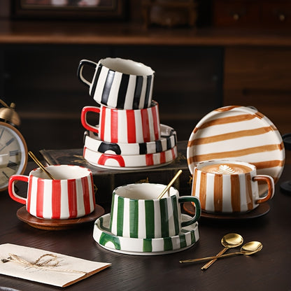 Striped Coffee Cup and Plate Set – Ceramic Mug with Dessert Plate specification and dimensions reference for kitchen