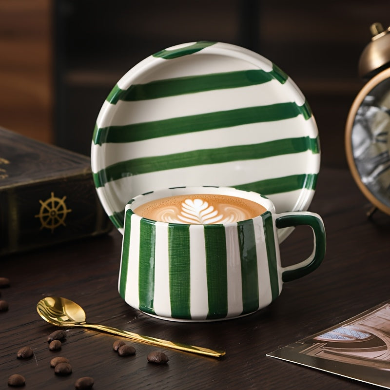 Striped Coffee Cup and Plate Set – Ceramic Mug with Dessert Plate room setting lifestyle photo for kitchen