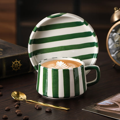 Striped Coffee Cup and Plate Set – Ceramic Mug with Dessert Plate room setting lifestyle photo for kitchen
