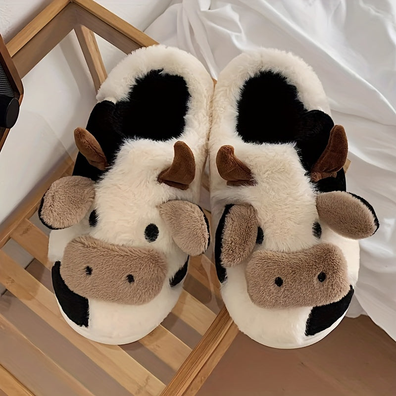 Cow Print Slippers – Plush Indoor House Slides room setting lifestyle photo for bedroom