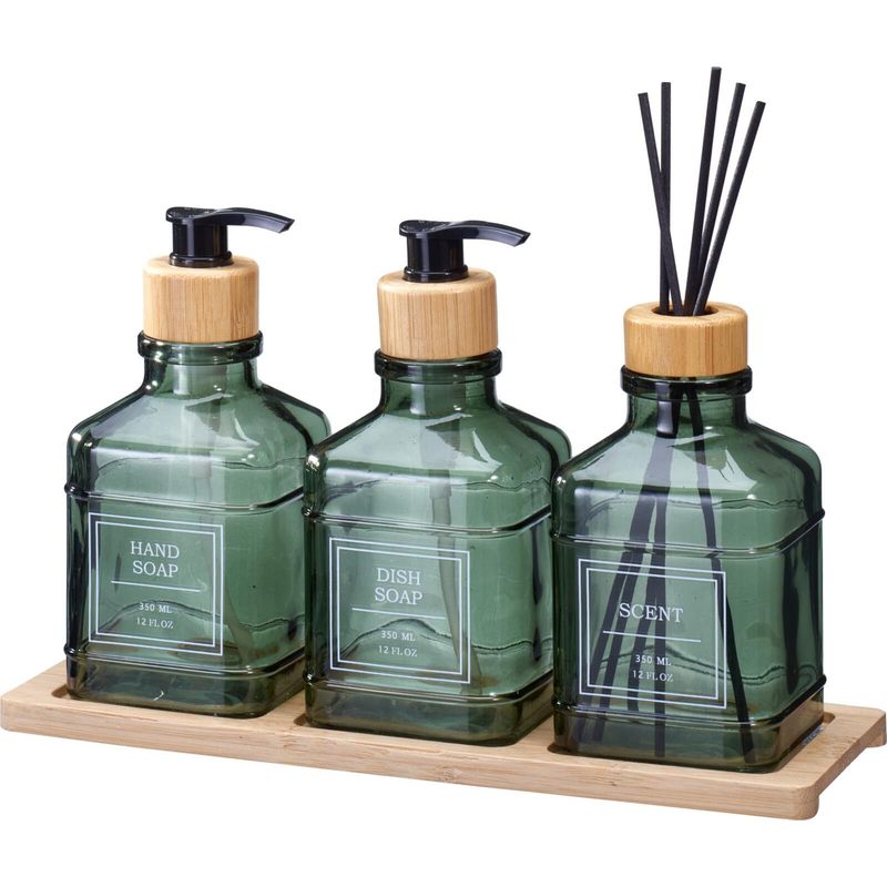 Glass Bathroom Dispenser Set "Alora" lifestyle product photo in bathroom