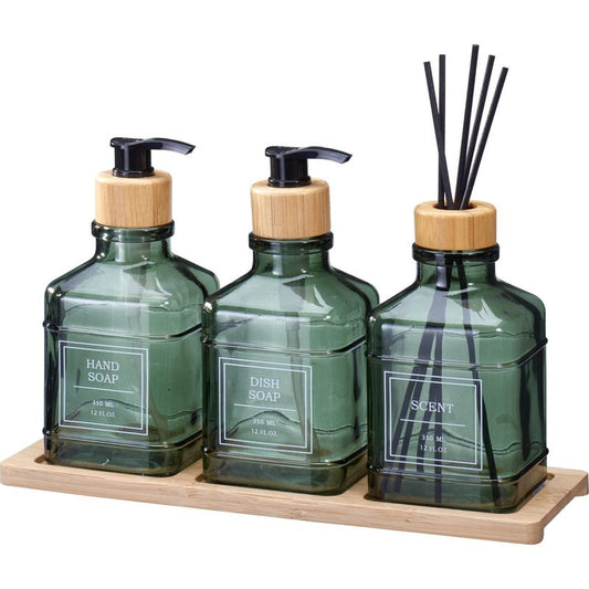 Glass Bathroom Dispenser Set "Alora" lifestyle product photo in bathroom
