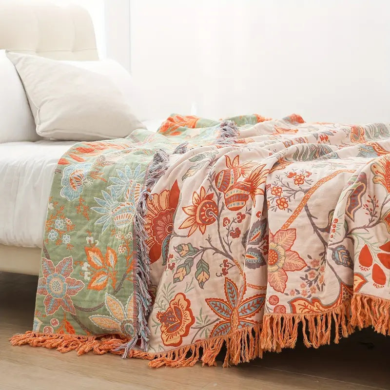 Floral Tassel Throw Blanket – Woven Sofa and Bed Layer room setting lifestyle photo for bedroom