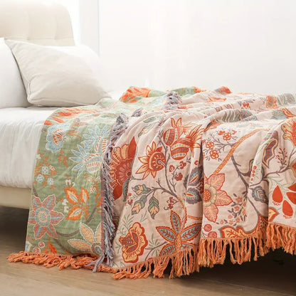 Floral Tassel Throw Blanket – Woven Sofa and Bed Layer room setting lifestyle photo for bedroom